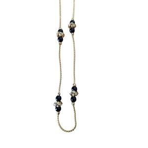 Vintage Gold Tone Station Necklace with Black Beads and Textured Knots 30 Inch